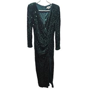Faeristy Green Sequin Velvet Ruched Gown Dress Maxi Size L Deep V Wrap